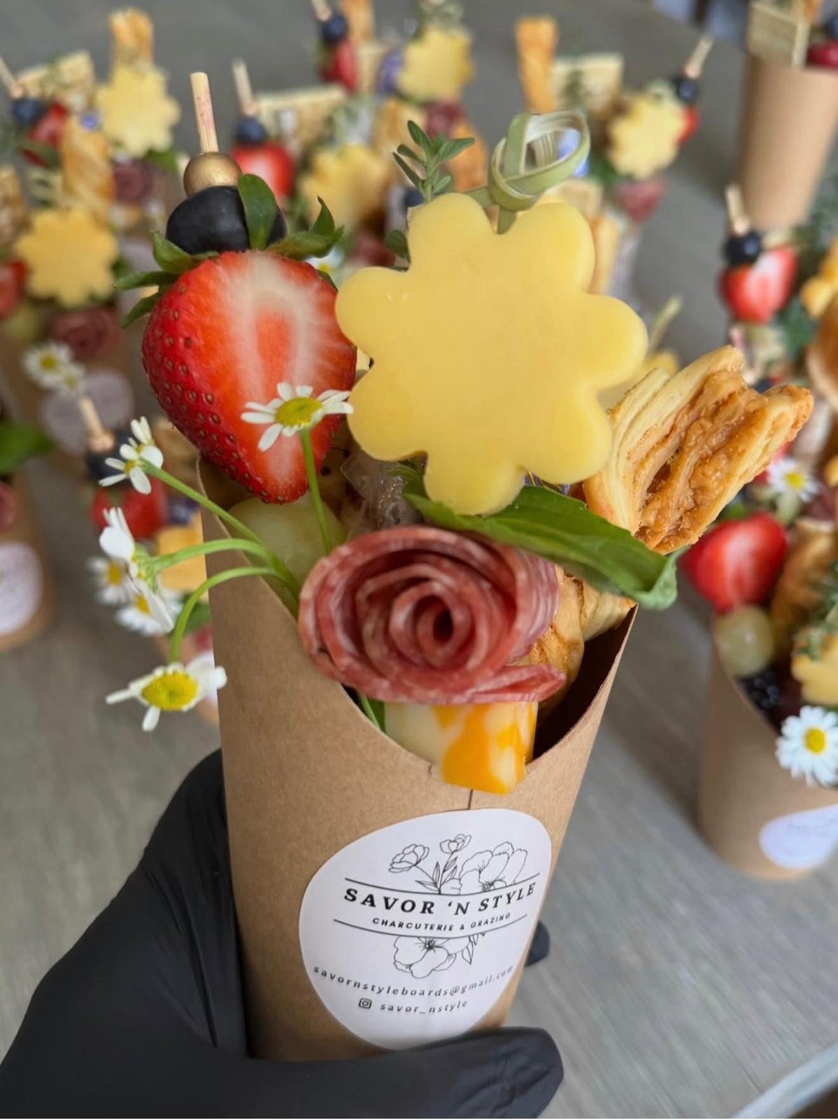 Charcuterie cup with salami rose, cheese flower and fresh berries